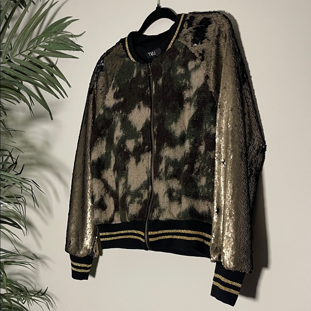 61. TYLI Mixed Media Bomber | Sequin Sleeves | Abstract Camo Knit | Size M
